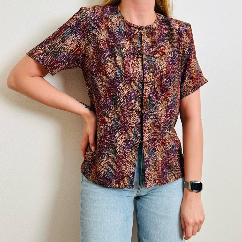 Vintage Elegant Multicolor Handmade Short Sleeve Button Front Blouse Top